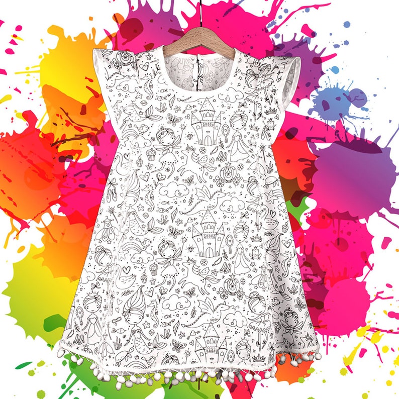 White Girl Dress for coloring from various fabrics for painting, featuring designs like Unicorns, Princesses, Fairytale, Sweets, and Bunnies Princesses