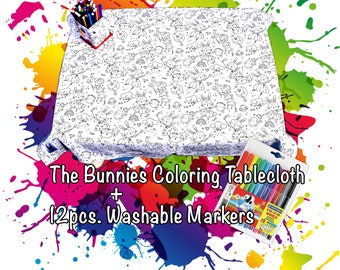 Bunnies Washable Coloring Tablecloth with 12 Washable Markers Included - Wonderful and Top Quality 100% Cotton