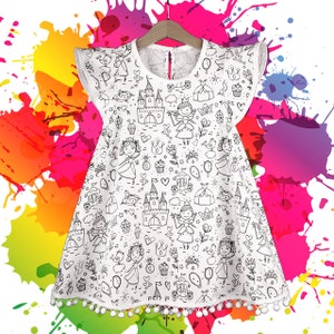 White Girl Dress for coloring from various fabrics for painting, featuring designs like Unicorns, Princesses, Fairytale, Sweets, and Bunnies Fairytale