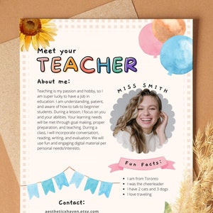 Plantilla editable de Meet the Teacher, Botánico Todo sobre mí imprimible, Carta de girasol del boletín informativo del aula, Pastel de introducción al nuevo maestro