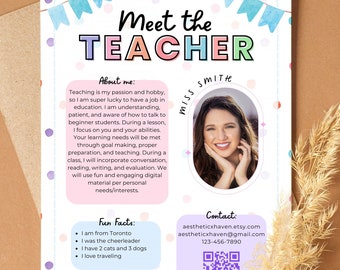 Editable Meet the Teacher Template, Pastel New Teacher Intro Printable, Polka Dots Favorite Things All About Me Back to School Open House