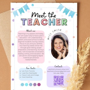 Plantilla editable para conocer al maestro, introducción en colores pastel para nuevos maestros imprimible, lunares, cosas favoritas, todo sobre mí, jornada de puertas abiertas de regreso a la escuela