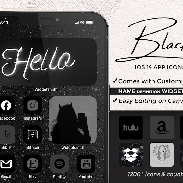 Personalisierte schwarze App Icons, Dark Goth Minimalist iOS14 App Icon, App Icon für iOS 14, iPhone App Icon Widget, Ästhetisches Grunge Icon iOS 15