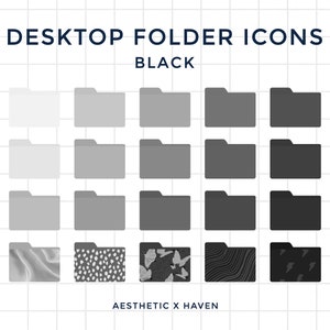 Puede incluir: Un conjunto de 20 iconos de carpeta en blanco y negro para usar en el escritorio. Los iconos presentan diferentes patrones y texturas, incluyendo un patrón de seda, un patrón de lunares, un patrón de mariposa, un patrón de líneas onduladas y un patrón de rayos. Los iconos están dispuestos en una cuadrícula sobre un fondo blanco con un patrón de cuadrícula.