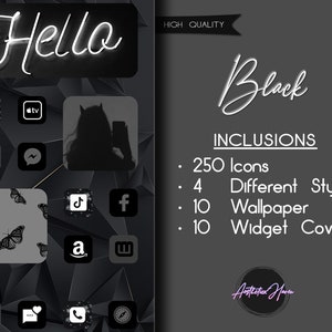 Puede incluir: Una maqueta de pantalla de teléfono en blanco y negro con el texto "Hello" en letras blancas de neón. La pantalla muestra una variedad de iconos de aplicaciones, incluidos Uber, Apple TV, Instagram, Facebook, Amazon y TikTok. El texto "Black" está escrito en letras blancas en cursiva con el texto "HIGH QUALITY" encima. El texto "INCLUSIONS" está escrito en blanco con una línea debajo. El texto "250 Icons", "4 Different Styles", "10 Wallpaper" y "10 Widget Covers" están listados debajo. El texto "Aestheticx Haven" está escrito en letras blancas en cursiva con un degradado rosa y morado.