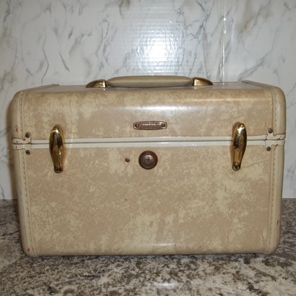 Vintage Samsonite Train case Tan Beige hard shell Marbled Travel luggage