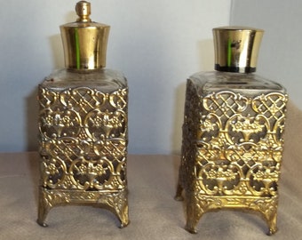 Perfume bottle empty Luzier Capricious Gold MCM Ornate filigree metal casing vanity pair