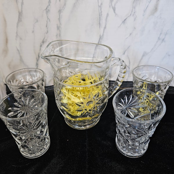 Juice pitcher glass set 5 pc clear vintage starburst