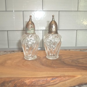 Salt & pepper shaker glass silver metal screw top lid swirl pattern