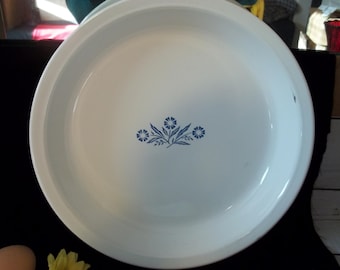 Corelle pie plate Corning wear Blue cornflower 9" vintage Round white glass