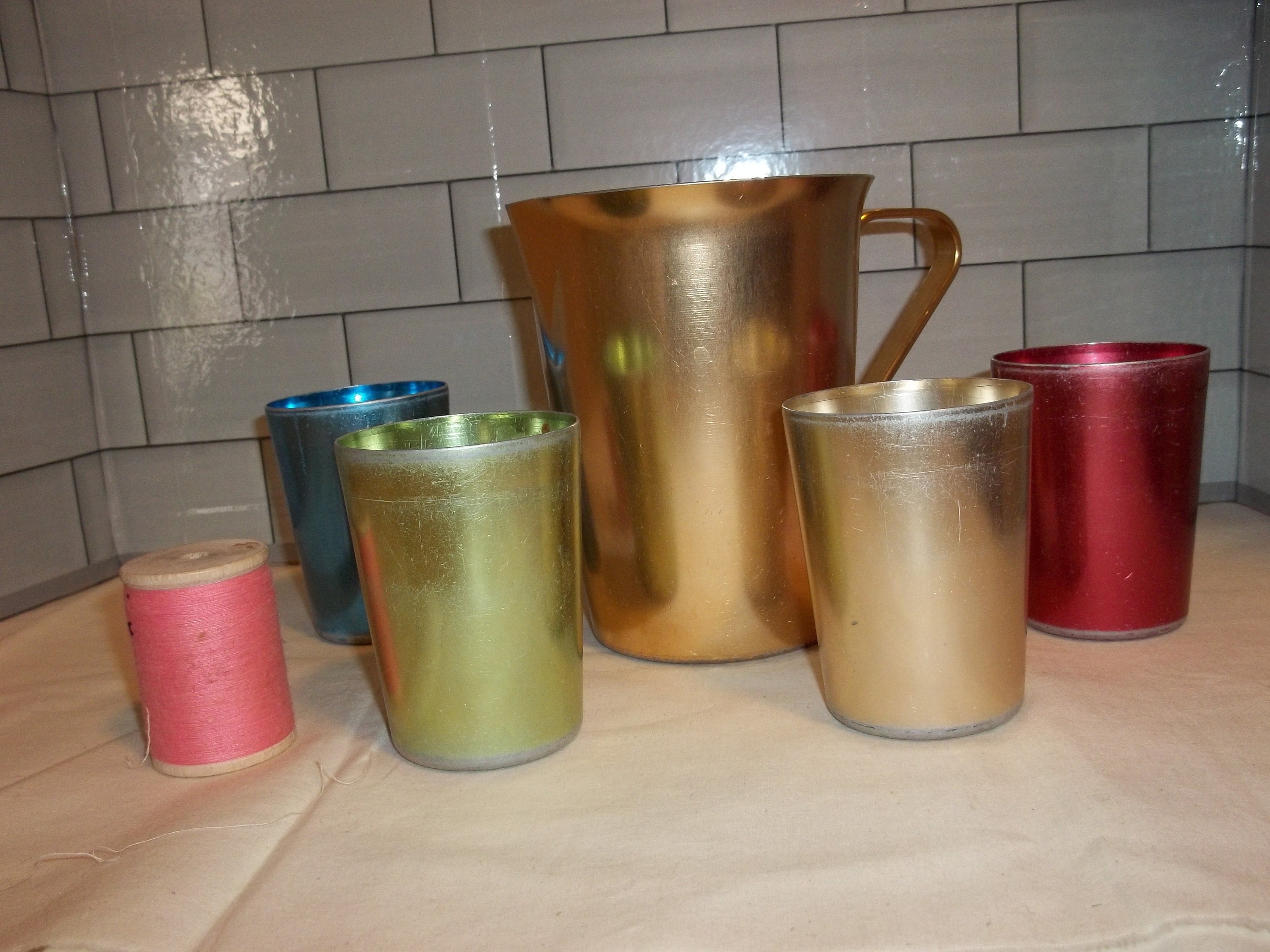 Set of 4 Vintage Green and Gold Anodized Aluminum Tumblers by Color Craft  Color Craft Tumblers Vintage Aluminum Tumbler Set Picnic Cup 