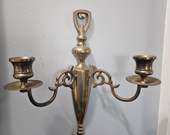 Vtg Brass double candleholder wall sconce ornate scroll MCM retro decor