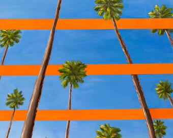 Beverly Hills Palm Trees – Giclée Art Print with Blue Sky and Orange Stripes