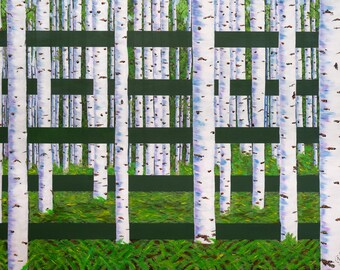 Tapestry of Trees – Giclée Art Print with Aspen Grove and Geometric Green Layers