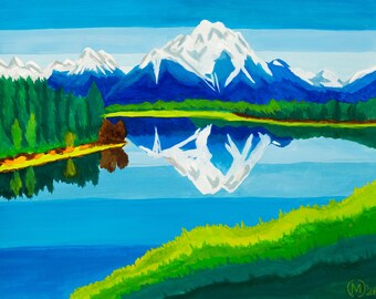 Teton Reflection – Giclée Art Print with Snowy Mountains, Blue Lake, and Alpine Landscape