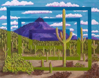 Between the Saguaros – Giclée Art Print with Desert Cactus, Purple Mountain, and Geometric Layers