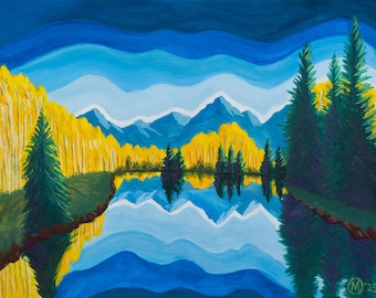 Golden Reflection – Giclée Art Print with Mountain Lake, Autumn Aspens, and Blue Sky