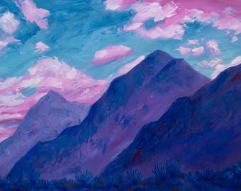 Desert Mountains at Sunset – Giclée Art Print with Purple Peaks and Soft Pink Clouds