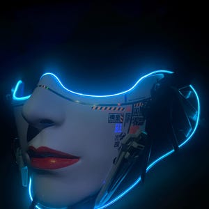 May include: A futuristic mask depicting a woman's face, with red lips and a white face, outlined in neon blue. The mask has Japanese text and mechanical elements, set against a dark backdrop.