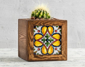 Wooden Planter with Tiles, Talavera Planter, Timbered Flower Pots with Mexican Tiles, Indoor/Outdoor Plant Box, Rustic Home&Garden Decor