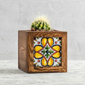 Houten plantenbak met tegels, talavera plantenbak, houten bloempotten met Mexicaanse tegels, plantenbak voor binnen/buiten, rustiek huis- en tuindecor