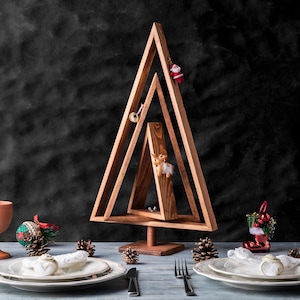 Sapin de Noël en bois, Décoration de Noël en bois de pin naturel de haute qualité, Sapin de Noël rustique, Sapin de table avec support