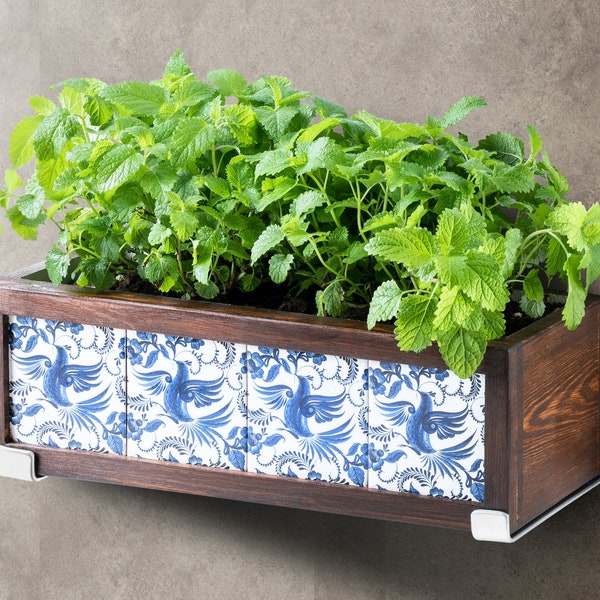 Wooden Planter with Tiles with Metal Brackets for Hanging Wall, Custom Window Flower Box with Wall Shelf Mount Hooks, Planter with Hanger