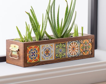 Mexican Tile Wooden Planter Box: Indoor Outdoor Flower Pot