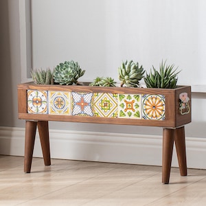 Übertopf aus Holz mit mexikanischen Kacheln mit Beinen und Schale für den Boden, Blumenkasten mit Fuß, Pflanzenständer, Pflanzkasten auf Beinen, Mom Day