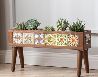 Custom Planter for Charalampos Papadimitriou Mexican Tile Wooden Planter Box with Legs & Tray
