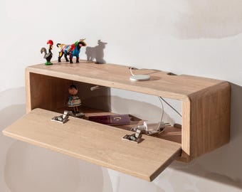 Eiken koorddoos, opbergplank en koordopberger, houten koorddoos voor muur, zwevende kabeldoosplank, kabelbeheer, houten kabelopberger