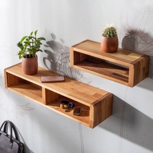 Floating Box Shelf, Wood Rectangle Wall Mount Shelves, Hallway and Entryway Hanging Cube, Nightstand Shelf, Wooden Bedside Table,Light Brown