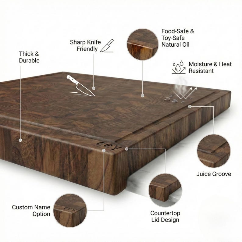 May include: A thick and durable wooden cutting board with a juice groove and countertop lid design. The board is made with food-safe natural oil and is moisture and heat resistant. It is sharp knife friendly and has a custom name option.