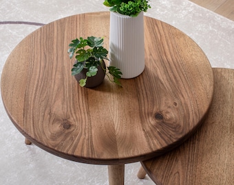 Solid Walnut Coffee Set, Handmade Round Mid Century Modern Coffee Tables, Solid Wood Living Room Table:-*çp