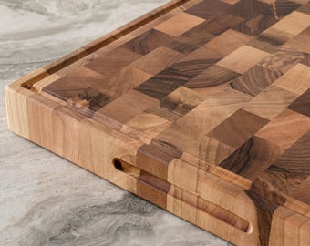 Walnut Cutting Board with hand Grip and Juice Groove, End Grain Butcher Block, Chopping Board, Wooden Charcuterie Board
