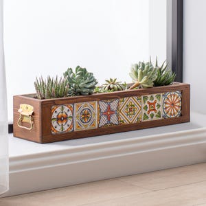 Übertopf mit 6 mexikanischen Kacheln, Blumenkasten für Innen- und Außenbereich, Blumenkasten für Fensterbank, Terrasse, Balkon, Garten