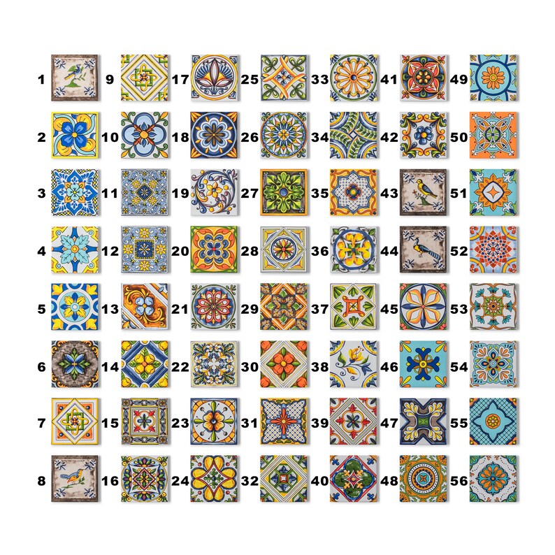 May include: A collection of 56 square ceramic tiles, each featuring unique, colorful patterns. The designs include floral motifs, geometric shapes, and bird illustrations, with a variety of colors including blue, yellow, orange, and green.