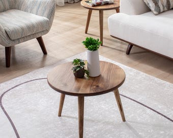 Solid Walnut Coffee Table Set, Handmade Round Mid Century Modern Coffee Tables, Solid Wood Living Room Table