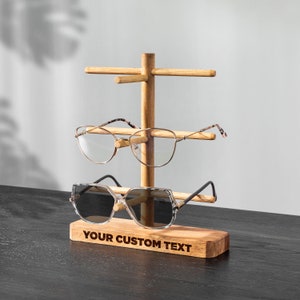 Personalized Eyeglasses Stand, Triple Eyewear Stand, Wooden Spectacle Organizer for Office Desk, Sunglasses Display for Dresser,Mom Day Gift