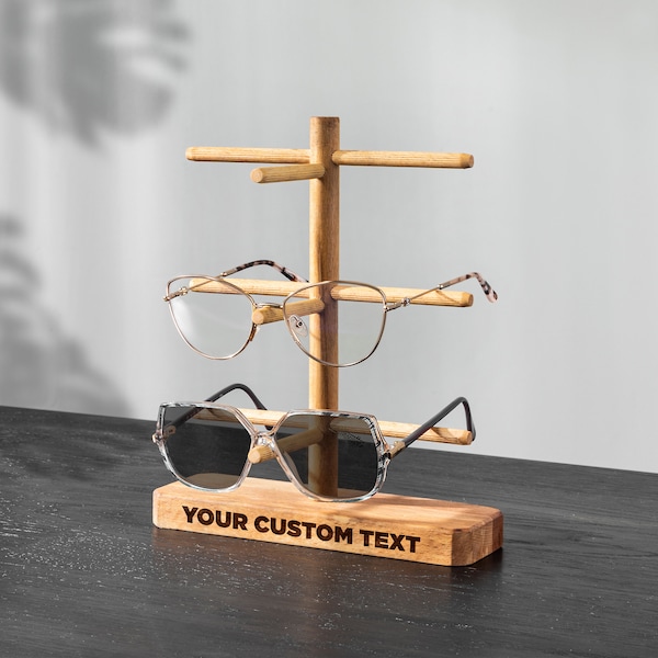Personalized Eyeglasses Stand, Triple Eyewear Stand, Wooden Spectacle Organizer for Office Desk, Sunglasses Display for Dresser