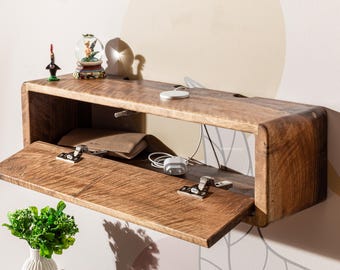 Walnoot koorddoos, opbergplank en koordopberger, houten koorddoos voor muur, zwevende kabeldoosplank, kabelbeheer, houten kabelopberger