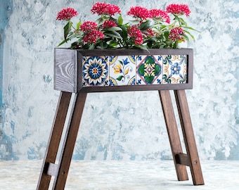 Wooden Planter with Mexican Tiles with Legs, Flower Box with Foot