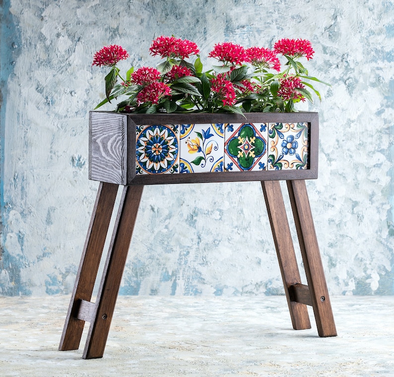 Wooden Planter with Mexican Tiles with Legs, Flower Box with Foot image 1