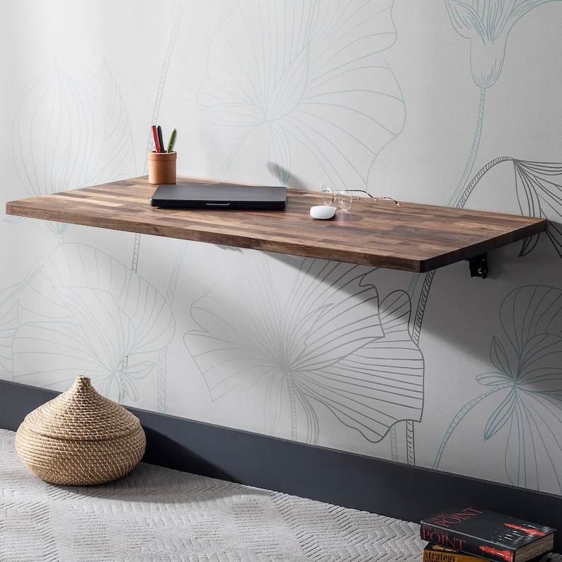 Walnut Space Saver Folding Floating Desk, Wooden Folding Table, Wall Mount Study Desk, Fold Down Dining Table, Murphy Desk, Home Office Desk