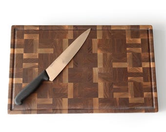 Walnut Butcher Block with Juice Groove and Hand Grip, Handmade End Grain Cutting Board, Wooden Chopping Board