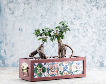 Wooden Planter with Mexican Tile/Indoor and Outdoor Flower Box with Tray and Handles/Flower Pot/Custom/Red, Blue, Green, Brown