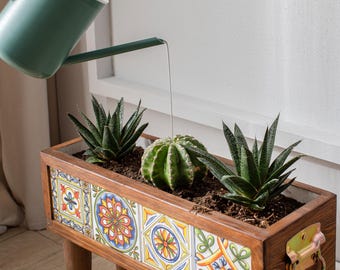 Wooden Planter with Mexican Tiles with Legs, Flower Box with Foot, Plant Box on Legs, Flower Bed Stand , Uniqe Gift
