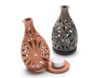 Ceramic Candle Holder, Handmade Vase Shaped Pottery Tea Light Holder, Ethnic Style, Hand Carved Clay, Housewarming Gift