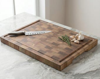Walnut Cutting Board, Butcher Block with Wide Handles, Thick End Grain Wooden Chopping Board, Custom Engraved Gift for Chef