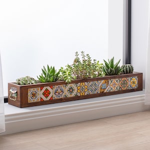 Bloembak, bloembak met optie voor ophangbeugels, houten plantenbak met 10 Mexicaanse tegels, bloembak, plantenbak voor binnen en buiten